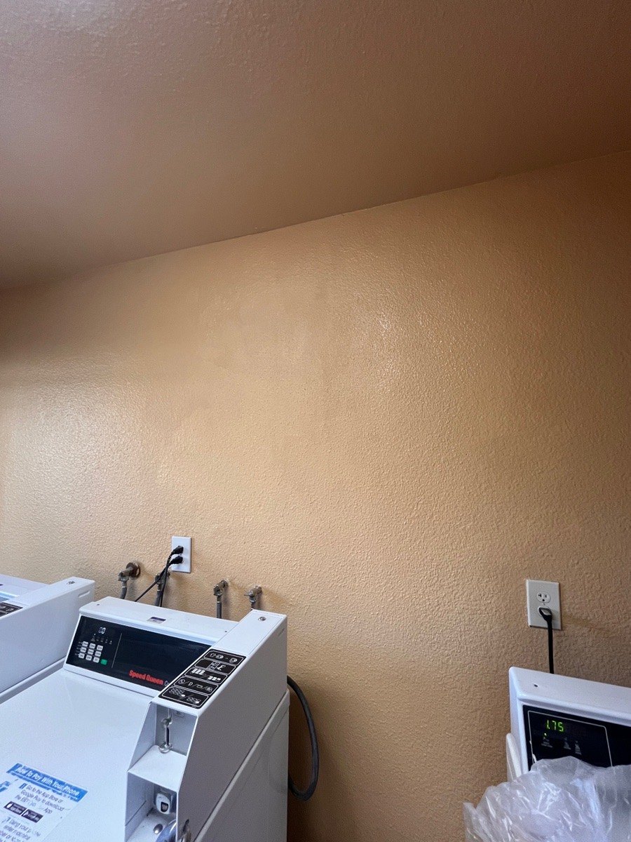 Painted laundry-room wall after the documented pipe and wall-restoration sequence.